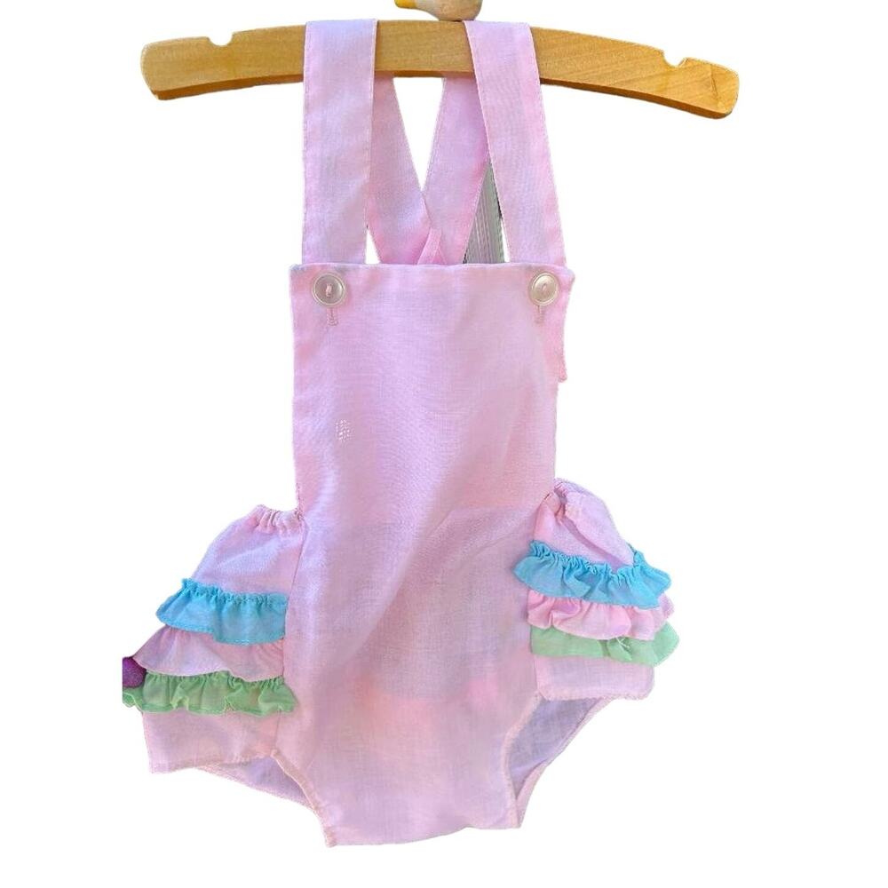 Vtg Infant Pink & Blue Ruffled Romper w/Matching Top, 9-12 months Set of 2